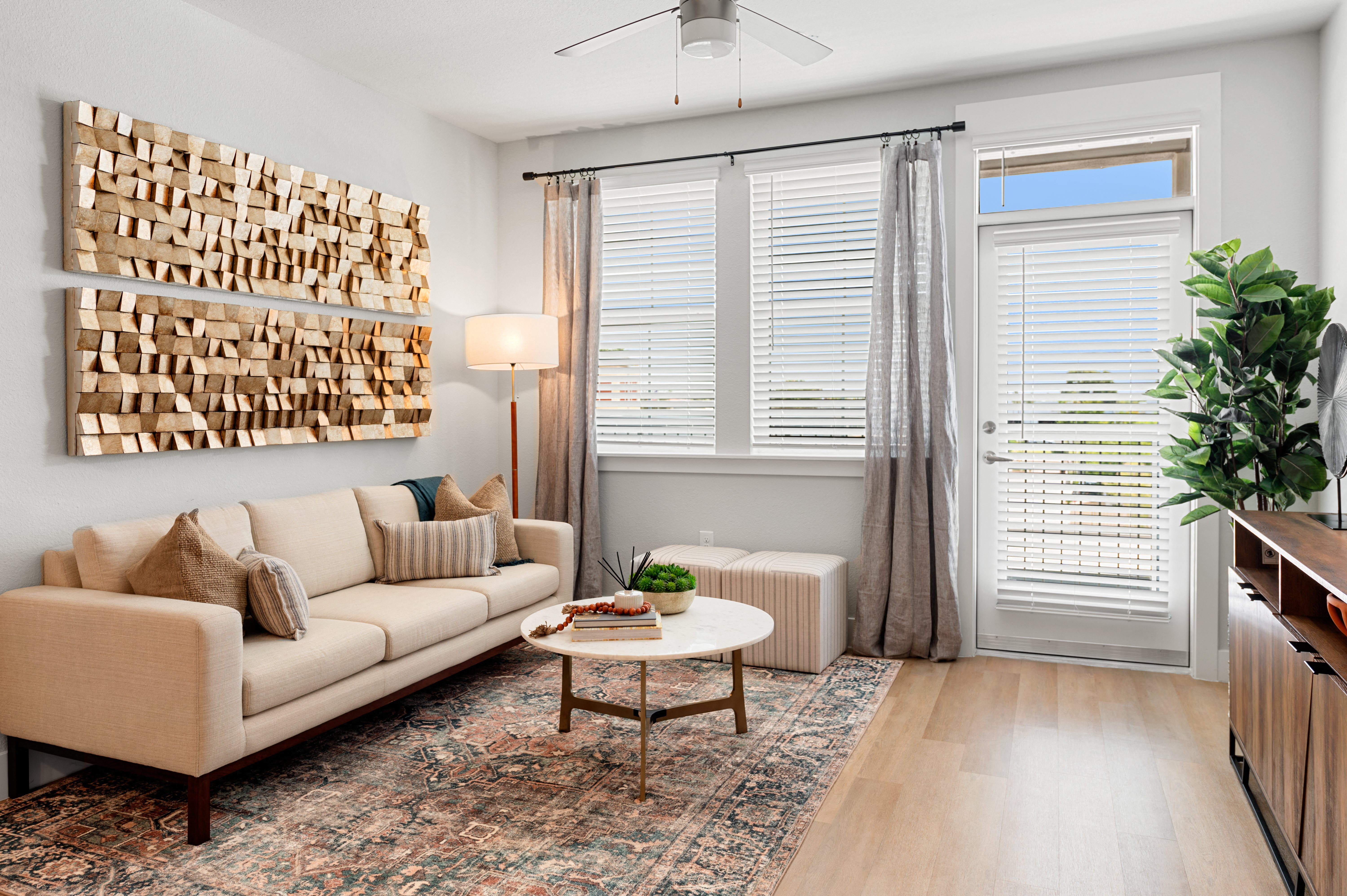 a living room with a couch and a table